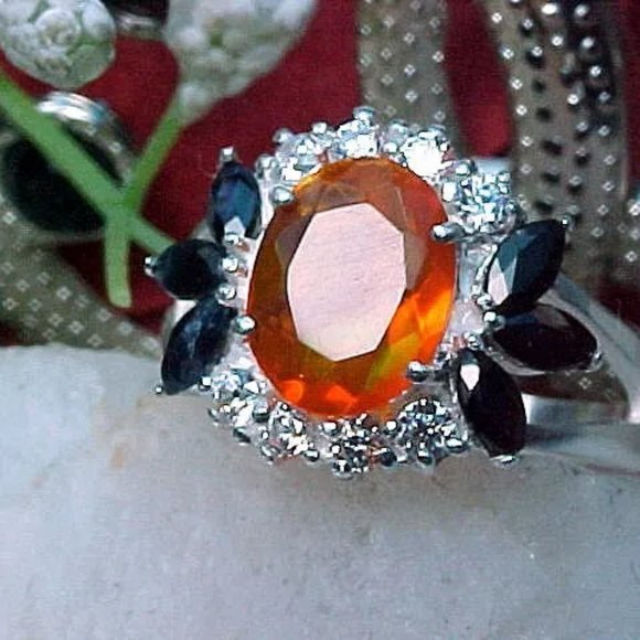 NATURAL MEXICAN FIRE OPAL RING AAA++ 9x7mm FACETED & BLUE SAPPHIRE 925 SS - Picture 4 of 11